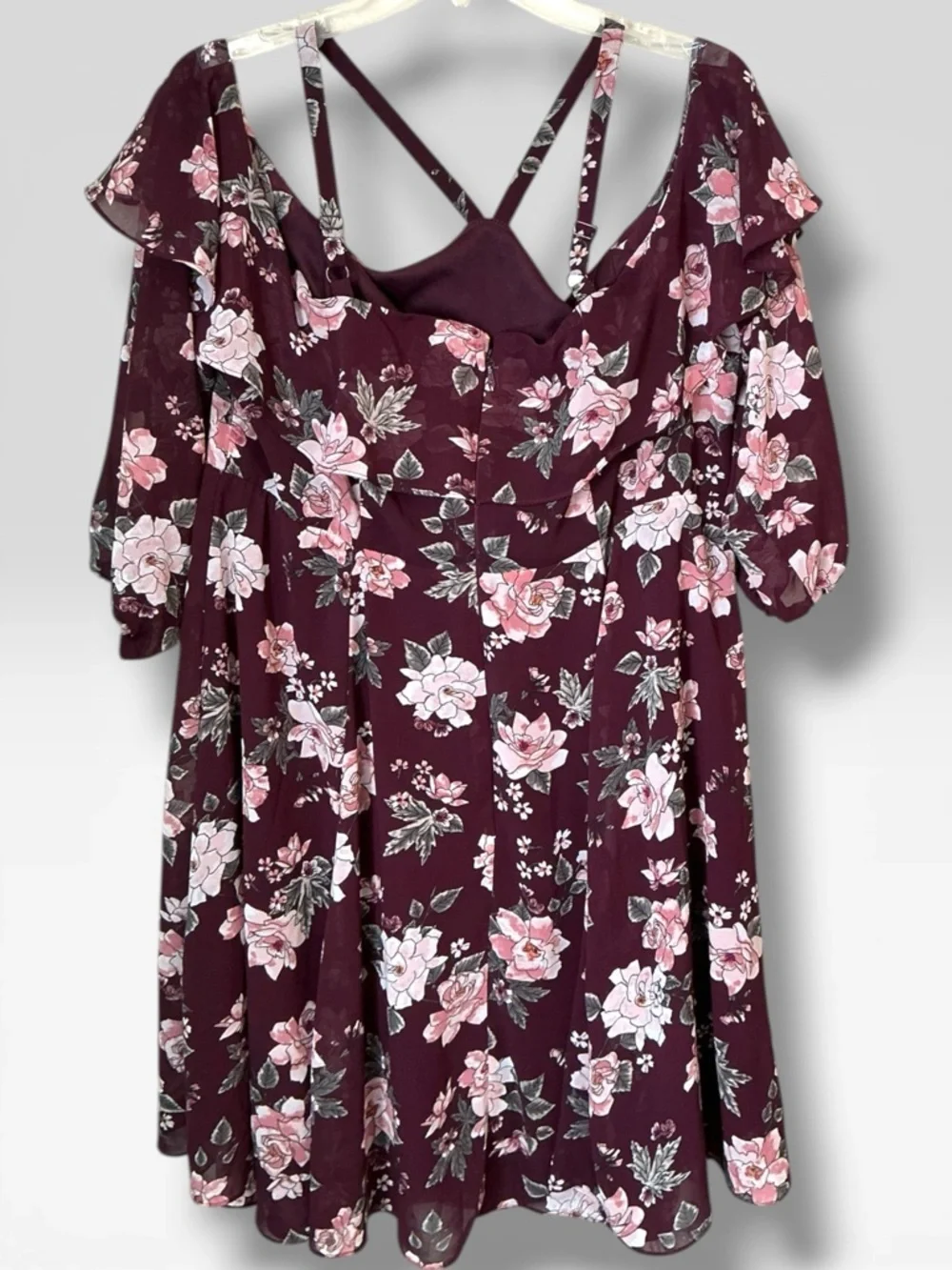 🌺Torrid burgundy floral print chiffon ruffled skater dress - Picture 5 of 9